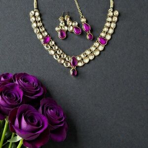 Indian Purple Kundan Necklace with Earrings and Maang Tikka